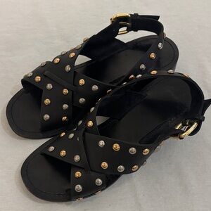 Maje FIDJI Black Leather Sandals with Gold and Silver Studs